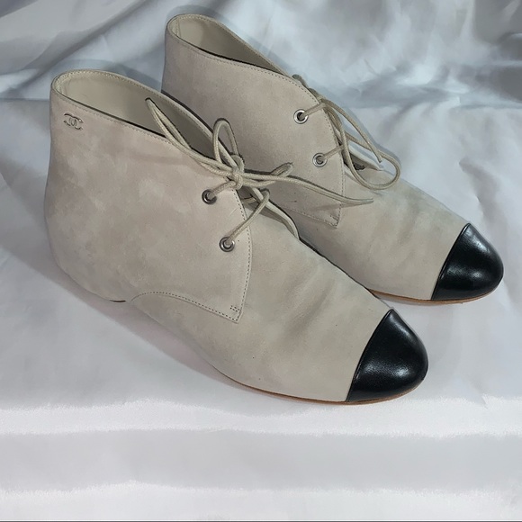 CHANEL size 35.5 cream suede cap toe CHUKKA BOOTIES - Picture 7 of 12